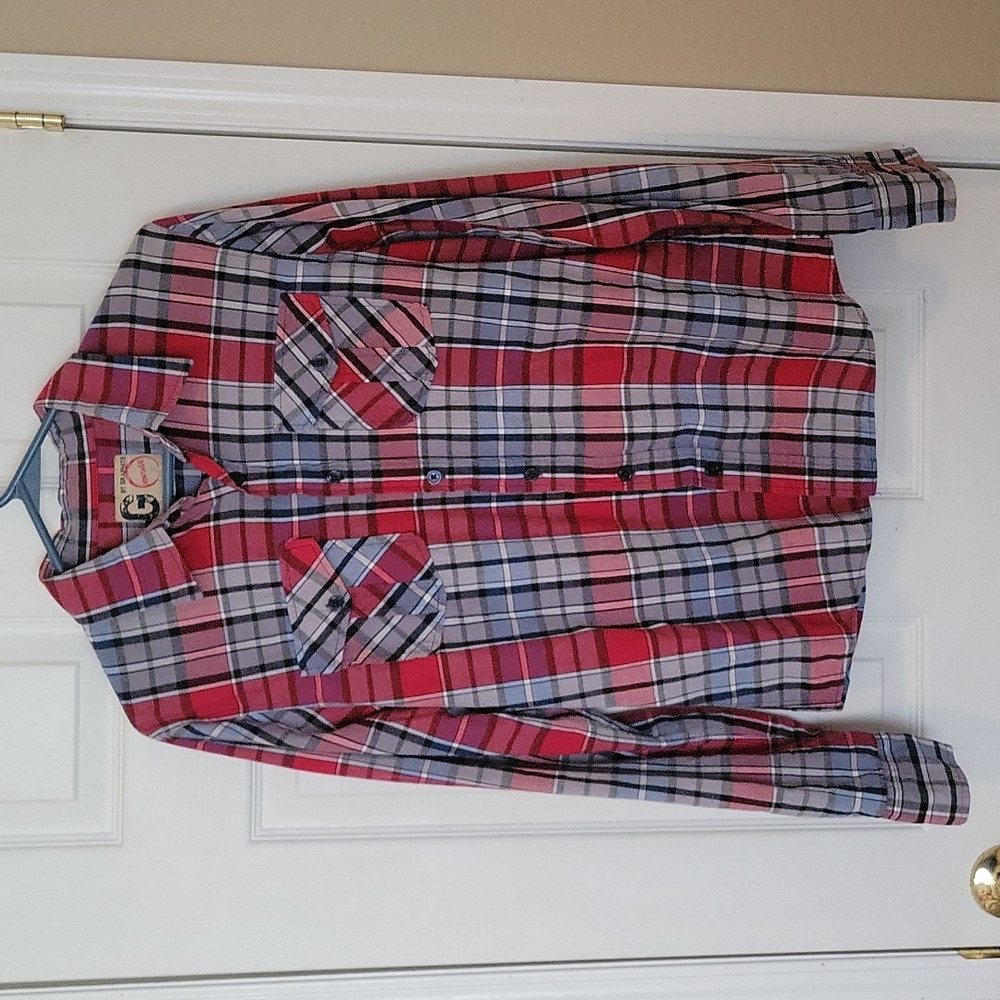 Men's Medium Graphite Plaid Button up Shirt. Red/Sky Blue. Original Jeanswear Co